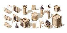 Castles Isometric. Medieval Buildings Brick Wall For Low Poly Game Asset Old Fort Vector Set. Architecture Castle, Old Ancient Building Medieval.