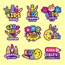 Creativity Kids Logo. Craft Emblems Or Badges Children Paintings Art Class Drawing Vector Symbols. Art Craft School, For Children, Creativity Painting Class Illustration