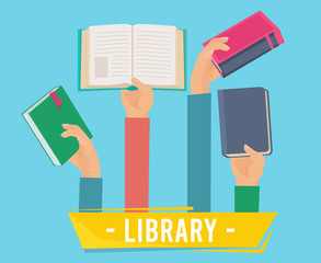 Wall Mural - hands with books. library persons holding opening books vector concept of learning vector set. libra