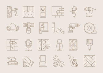 Poster - Interior design icon. Flooring installing curtain swatches lighting items measuring window vector decor set. Construction equipment, window renovation, tool work illustration