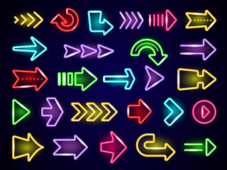 Poster - Glow neon arrows. Light direction arrows retro outside street advertizing elements vector neon realistic. Arrow light neon electric, bright electricity glowing sign illustration