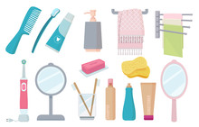 Bathroom Accessories. Toothbrush Paste Hygiene Towel Cream Comb Vector Colorful Items. Toothbrush And Towel, Shampoo Hygiene, Brush And Toothpaste Illustration