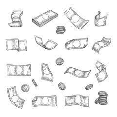 Wall Mural - hand drawn money. argent coins finance capital gold investment symbols vector collection. illustrati