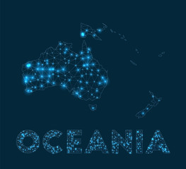 Oceania network map. Abstract geometric map of the continent. Internet connections and telecommunication design. Attractive vector illustration.