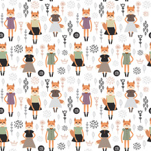 Seamless Pattern Funny Kawaii Fox Girl In Dress, Cartoon Flowers Green Lilac Black White Background. Can Be Used For Greeting Card, Fashion Print For Baby Clothes Gift Wrap, Fabrics, Wallpaper. Vector