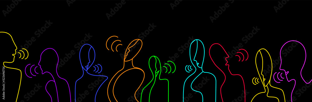 people talks concept, crowd of vivid colored people on the black background creative contemporary idea, - obrazy, fototapety, plakaty 