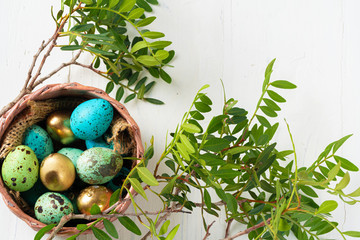 Blue painted eggs close up for Easter