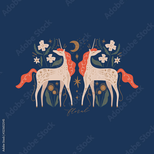 Fotografía Cute isolated stylish boho moon unicorns garden composition