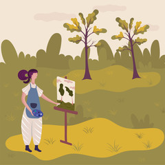 Artist painting nature landscape in plein air, vector illustration. Woman painter cartoon character at easel with art palette and paintbrush. Female artist painting trees in nature, creative hobby