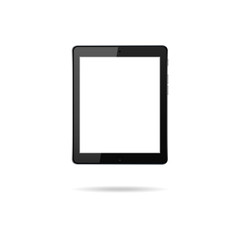 Poster - Realistic black tablet with blank touchscreen isolated on white background. Modern PC device. Vertical mockup gadget. Smart electronic concept. Empty digital display for app. Phone connection. Vector