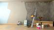 © nosorogua - apartment repair concept repair tools and materials stand in a ruined room 3d render image