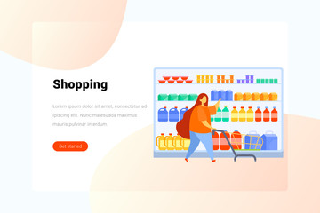 Wall Mural - Woman with shopping cart chooses takes goods from shelf in supermarket Flat vector illustration. Landing Page design template.