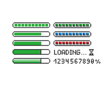 Pixel Art Vector Illustration Set - 8 Bit Retro Style Loading Indicator Bars, Percent Numbers, Loading Text