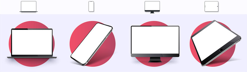 Realistic set of Monitor, laptop, tablet, smartphone, rotated position. Side and top view. Mockup generic device. Template for infographics or presentation. Vector illustration