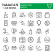 Ramadan line icon set, islamic holiday symbols collection, vector sketches, logo illustrations, islam icons, muslim day signs linear pictograms package isolated on white background, eps 10.