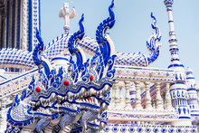 Chanthaburi, Thailand - February, 01,  2020 : Blue Temple At Wat Pak Nam Khaem Nu The New Landmark Of Chanthaburi Located At Tha Mai District