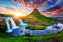 Gorgeous Landscape With Rising Sun On Kirkjufellsfoss Waterfall And Kirkjufell Mountain, Iceland, Europe.