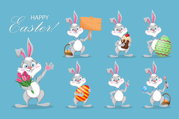 Wall Mural - Happy Easter. Funny cartoon rabbit, set