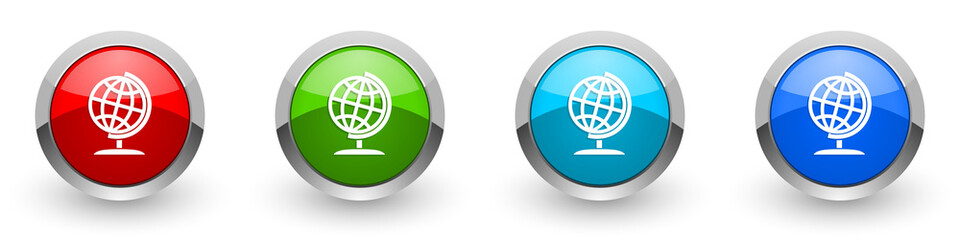 Leinwandbilder - Globe silver metallic glossy icons, world, global, map, earth concept set of modern design buttons for web, internet and mobile applications in four colors options isolated on white background