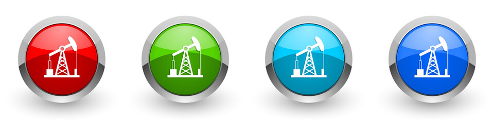 Poster - Industrial silver metallic glossy icons, oil pump concept set of modern design buttons for web, internet and mobile applications in four colors options isolated on white background