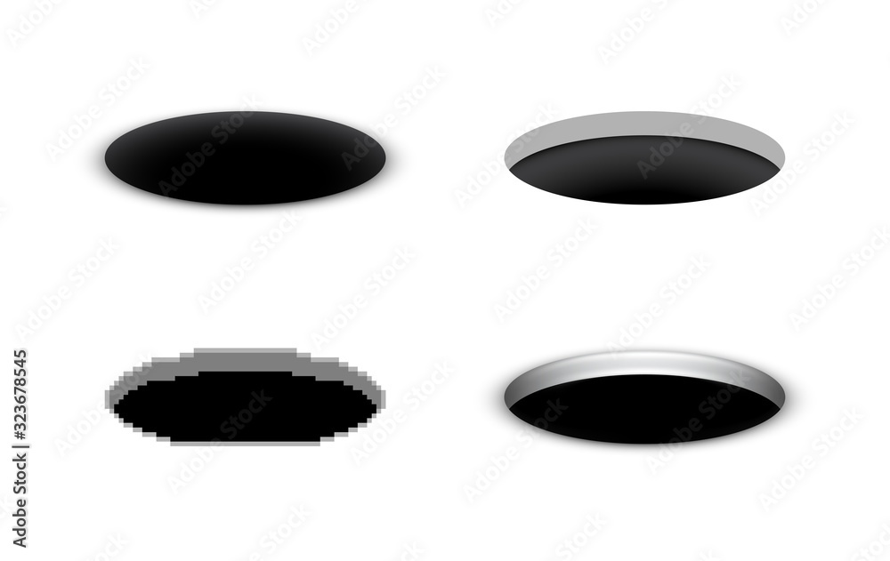 Hole in the ground, vector black cartoon hole in various styles, open manhole, a set of abstract opening illustrations - obrazy, fototapety, plakaty 