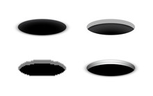 Hole In The Ground, Vector Black Cartoon Hole In Various Styles, Open Manhole, A Set Of Abstract Opening Illustrations