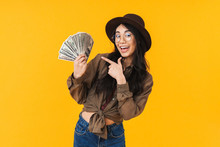 Excited Young Asian Woman Showing Money Banknotes