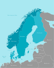 Vector Isolated Illustration. Simplified Political Map Of Scandinavian And Northern Europe Countries In Blue Colors (Sweden, Finland, Norway, Denmark) And Nearest Areas In Grey. Borders Of The States.