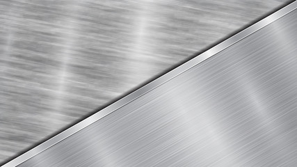 Background in silver and gray colors, consisting of a shiny metallic surface and one big polished plate located in diagonal, with a metal texture, glares and burnished edge