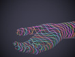 Palm woven from multicolored glowing digital threads. Concept of online support: assistance or inviting gesture. Information technology or artificial intelligence background. Vector illustration.