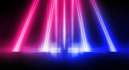 Wall Mural - Background of empty stage show. Neon blue and purple light and laser show. Laser futuristic shapes on a dark background. Abstract dark background with neon glow