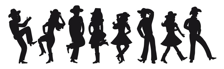 Silhouette of a couple dancing a country western on a white isolated background. All girls and boys are dancing an incendiary American dance. Four funny pairs of people in black. Cowboy hats, boots