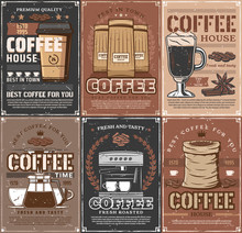 Coffee Cups, Beans And Espresso Machine, Coffee Pot, Takeaway Paper Mug Of Cappucinno Or Latte And Spices Vintage Posters. Vector Design Of Cafe, Coffeehouse And Coffeeshop Menu