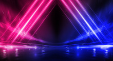 Background Of Empty Stage Show. Neon Blue And Purple Light And Laser Show. Laser Futuristic Shapes On A Dark Background. Abstract Dark Background With Neon Glow