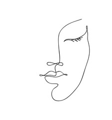 Wall Mural - Beautyfull girl face. Attractive young woman portrait female beauty concept. Continuous one line drawing. Black and white vector illustration.