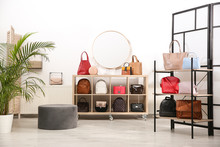 Collection Of Stylish Woman's Bags In Modern Store