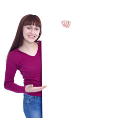 teenage girl holding a blank sign poster banner