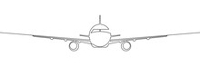 Front View Of Passenger Plane Flying. Traveling By Airplane. Continuous Line Art Drawing Style. Black Linear Sketch Isolated On White Background. Vector Illustration
