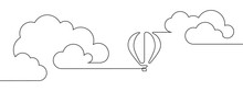 Hot Air Balloon Floating In The Sky Among Clouds In Continuous Line Art Drawing Style. Minimalist Black Linear Design Isolated On White Background. Vector Illustration