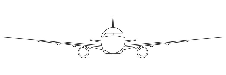 Wall Mural - Front view of passenger plane flying. Traveling by airplane. Continuous line art drawing style. Black linear sketch isolated on white background. Vector illustration