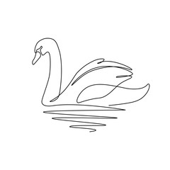 Wall Mural - Swan bird on water surface in continuous line art drawing style. Black linear sketch isolated on white background. Vector illustration