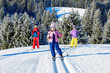 Childs Cross-Country Skiing in European Alps at La Livraz, Nordic ski center located in Megève in the French Alps between the Aravis mountain range and the Mont Blanc massif, Haute-Savoie.