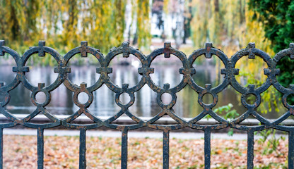 Old rusty forged fence, close up