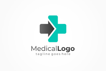 Poster - Cross Sign with Arrow Icon Medical Logo Health Symbol. Flat Vector Logo Design Template Element