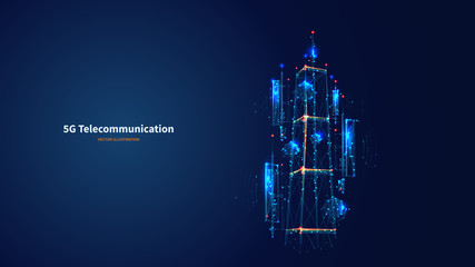 Poster - Blue abstract 3d isolated 5G antenna on innovation technology background. Low poly wireframe digital vector.Polygons and connected dots.Internet telecommunication tower futuristic concept.