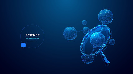 Aufkleber - Science low poly wireframe banner vector template. Biochemistry, microbiology, medical research lab poster polygonal design with text space. Molecule structure 3d mesh art with connected dots