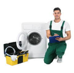 Wall Mural - Repairman with clipboard and toolbox near washing machine on white background