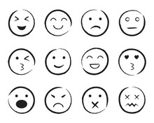 Set Of Happy Face Hand Drawn Style. Sketch Smiley, Sad, Angry Face Doodle Icon. Emoji Emoticon For Social Media. Cartoon People Faces On Isolated Background. Expression Emotion. Set Line Mood. Vector.