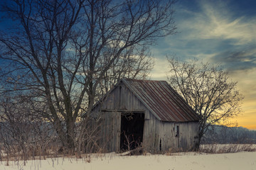 Wall Mural - rural landscape sunsets in winter with abandoned buildings and farmland. greater napanee ontario
