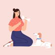 Human and puppy friendship flat cartoon illustration in vector.